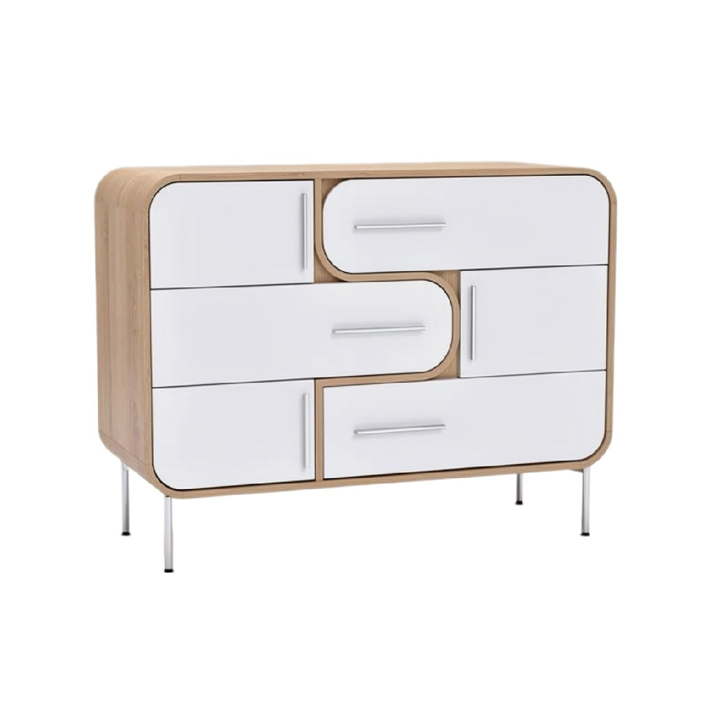 Moderne kast met witte lades en houten afwerking