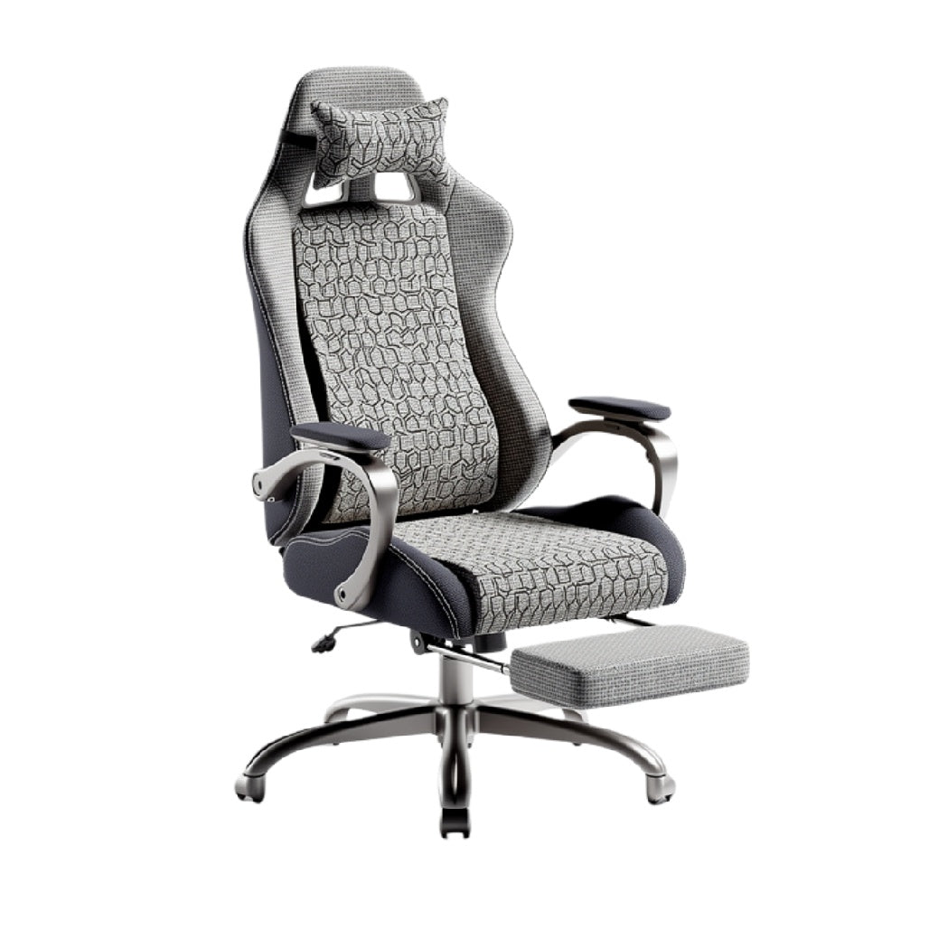 Ergonomische gamingstoel met verstelbare voetensteun en moderne stoffenbekleding.