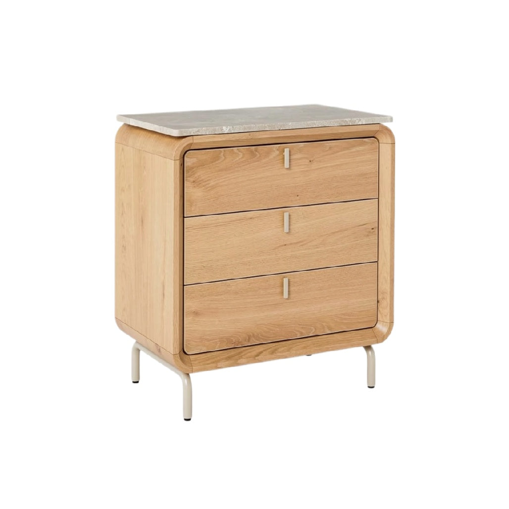 Moderne houten nachtkast met drie lades en stenen top