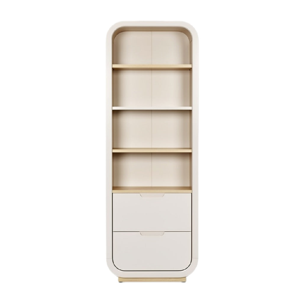 Moderne boekenkast met houten planken en lades